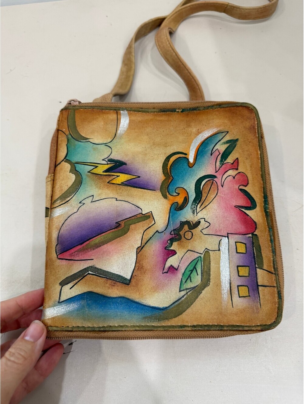 Vintage Hand-Painted Leather Shoulder Bag with Abstract Design